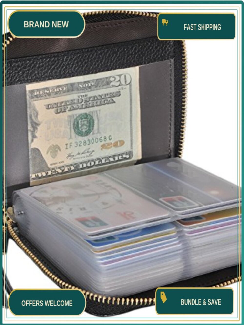 Genuine Cowhide Leather RFID Blocking Zip Card Holder Wallet